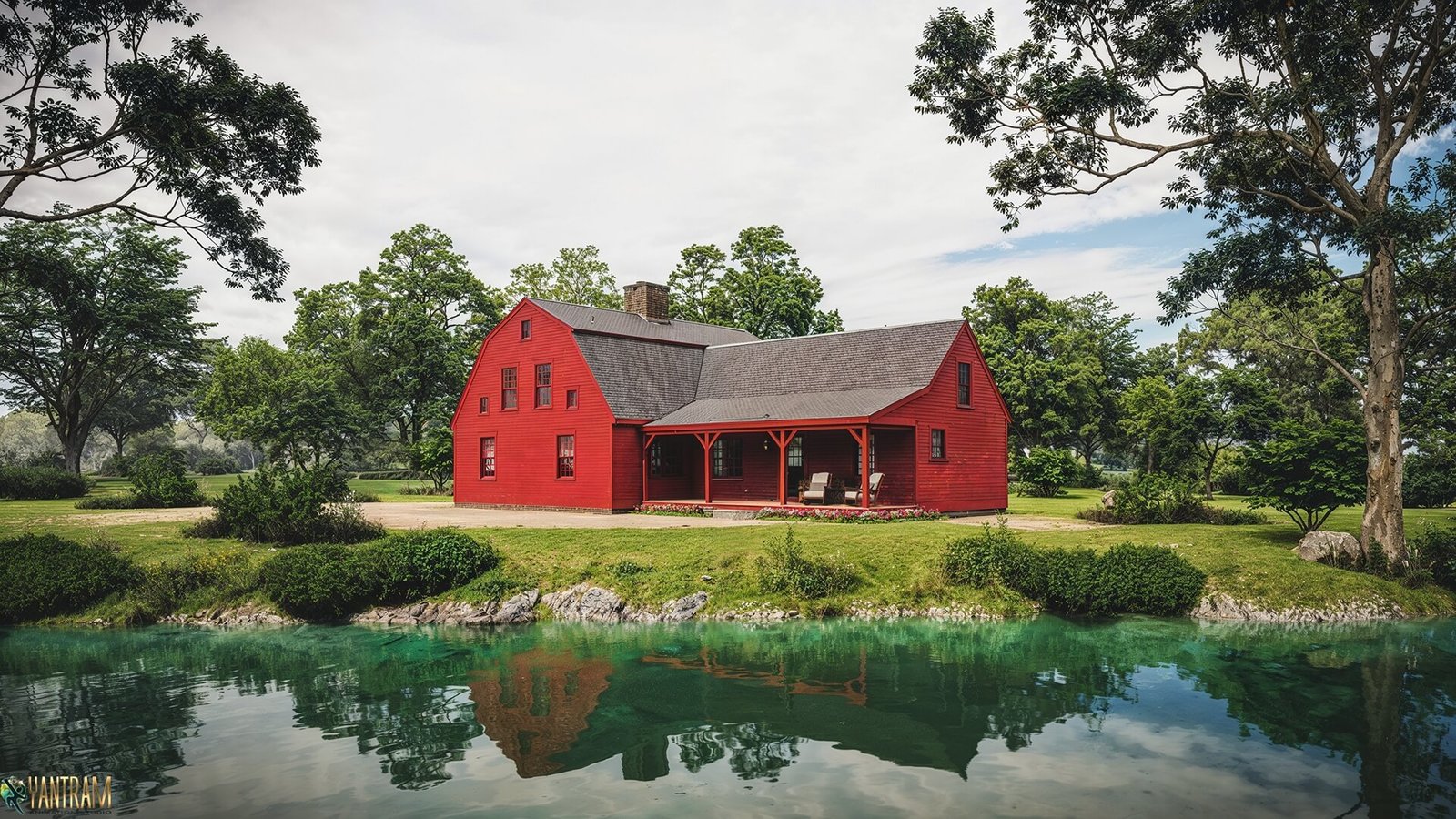 Photorealistic red farmhouse exterior 3D rendering beside a calm pond with lush greenery and countryside landscape. – 3D architectural visualization by Yantram Studio