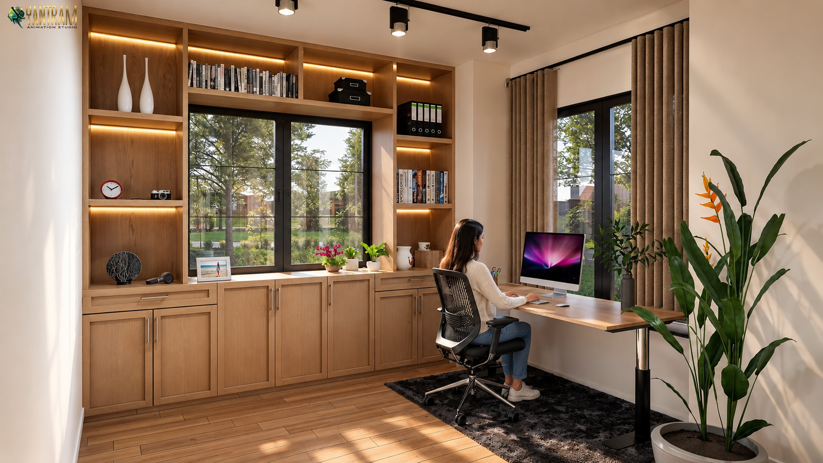Contemporary home office with built-in wooden shelves, study desk, ergonomic chair, large windows, and indoor plants. – 3D architectural visualization by Yantram Studio