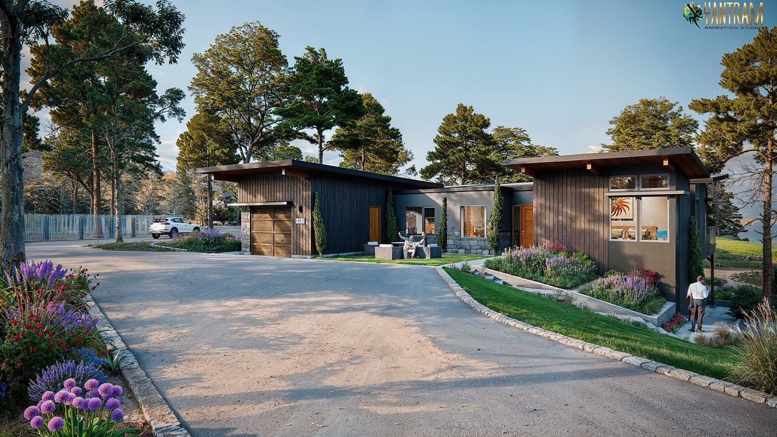 Contemporary woodland duplex homes with dark wood cladding, sloped rooflines, landscaped driveway, and natural forest surroundings. – 3D architectural visualization by Yantram Studio