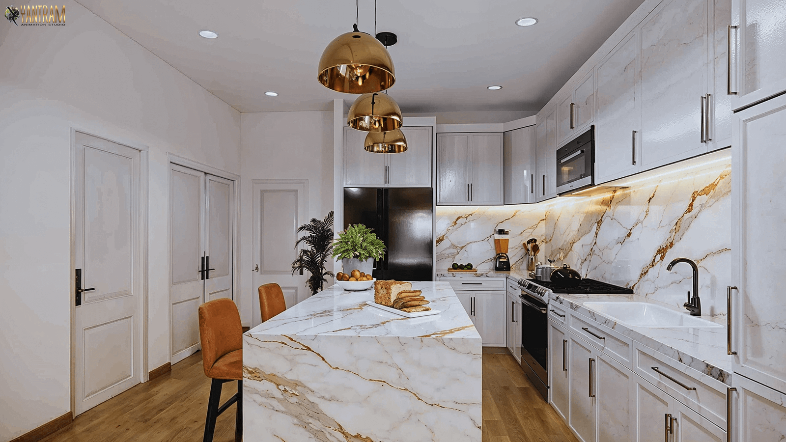 Contemporary kitchen interior with white cabinetry, marble island and backsplash, gold pendant lights, built-in appliances, and wooden flooring.