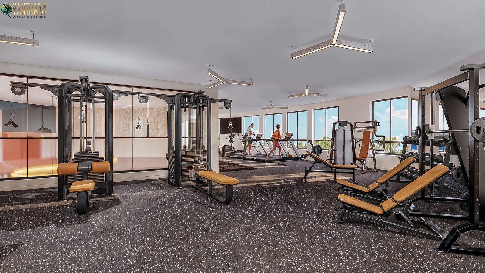 Modern Fitness Center Interior with Strength and Cardio Zones Contemporary gym interior with strength training machines, cable equipment, weight benches, rubber flooring, and large windows allowing natural light.