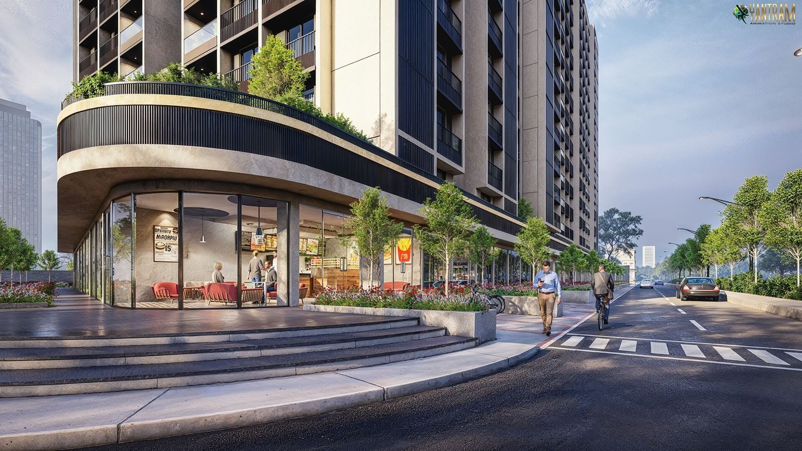Contemporary high-rise residential tower with curved retail podium, glass storefront café, landscaped sidewalk, and urban street view.