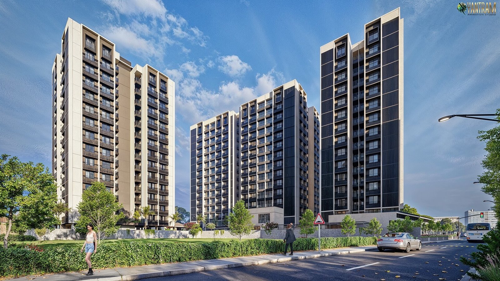 3D rendering of modern high-rise apartment towers with landscaped green spaces, pedestrians, parked cars, and clear blue sky.