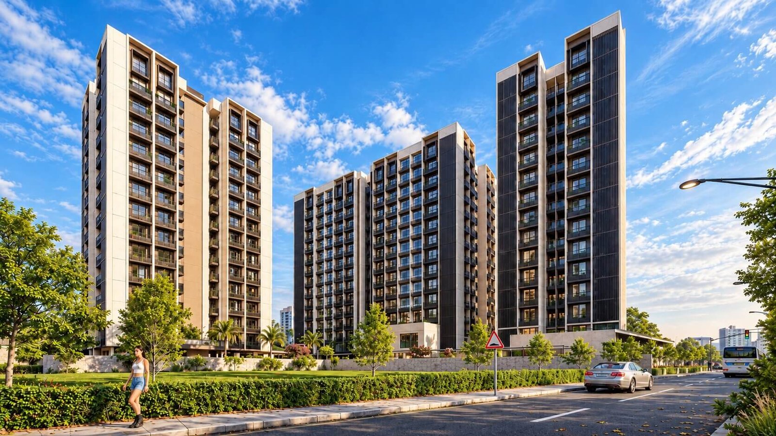 3D visualization of three high-rise residential towers surrounded by lawns — Navi Mumbai 3D Rendering Studio