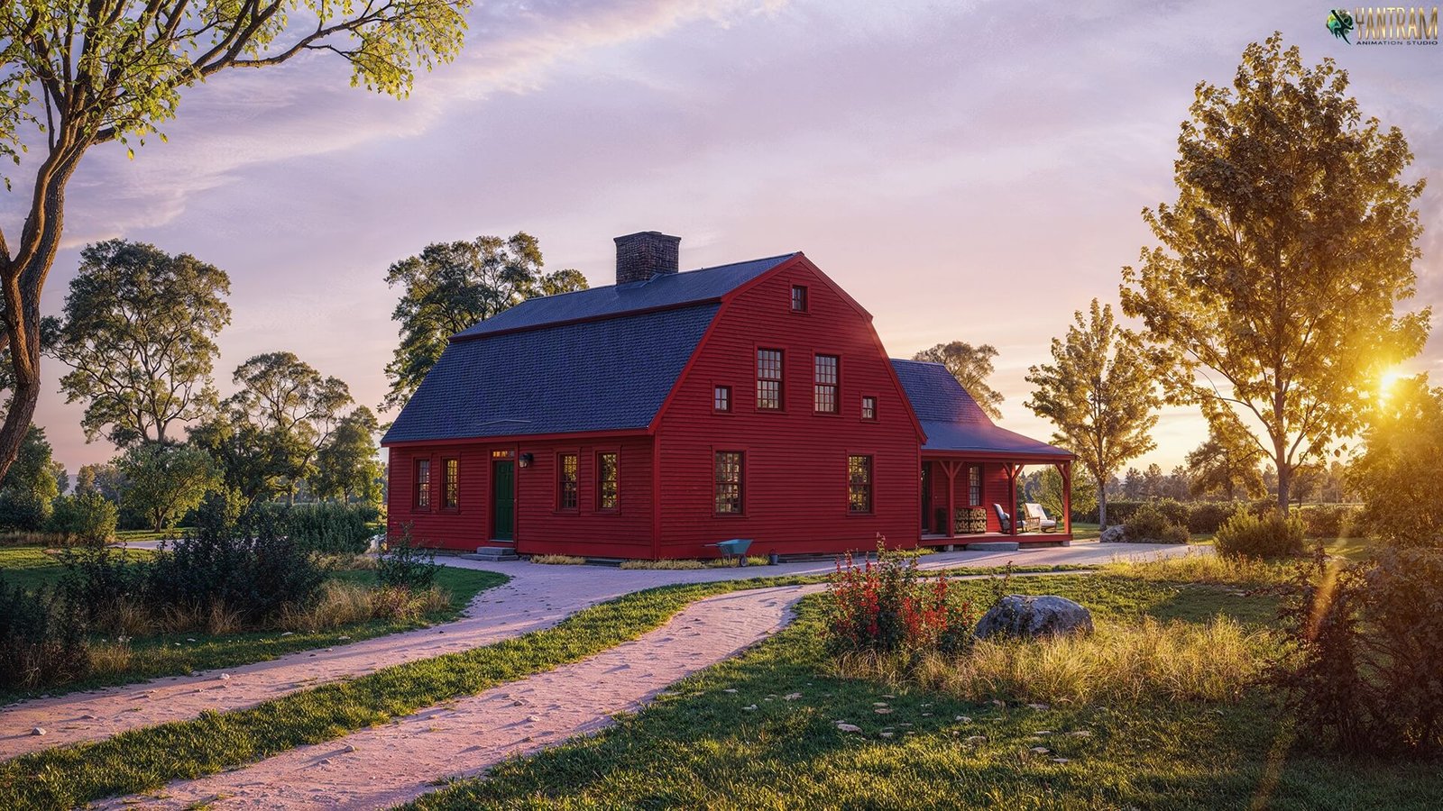 Photorealistic red farmhouse exterior 3D rendering with countryside landscape, trees, and warm sunset lighting.– 3D architectural visualization by Yantram Studio