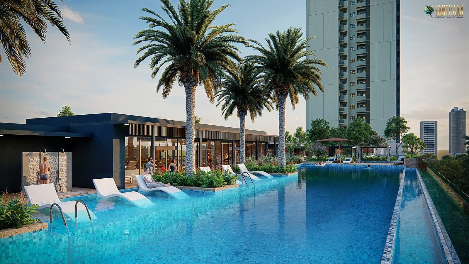 Modern residential infinity pool with palm trees, sun loungers, clubhouse pavilion, and high-rise tower backdrop.– 3D architectural visualization Yantram Studio