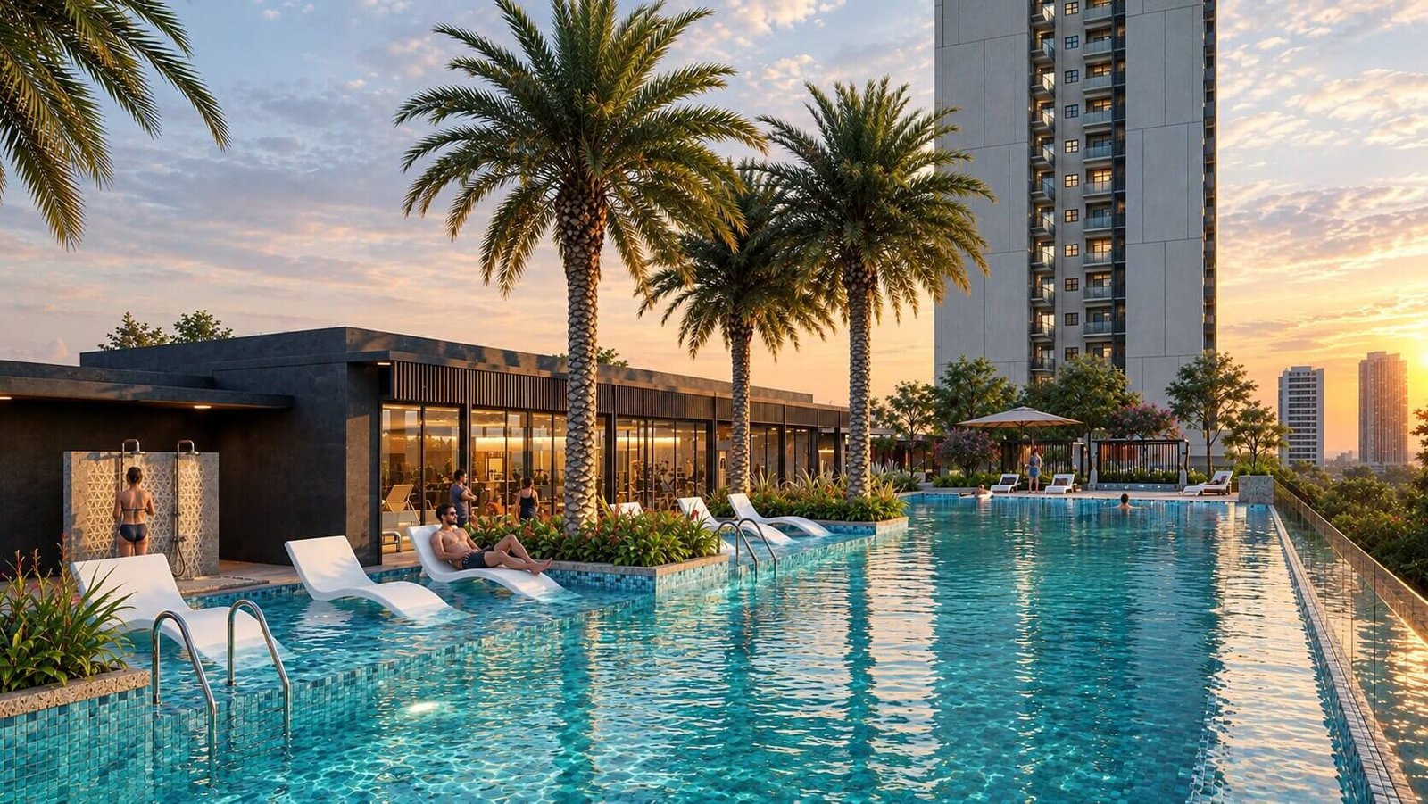 Photorealistic 3d exterior rendering manchester pool deck featuring palm trees and modern sun loungers — Architectural Rendering Service