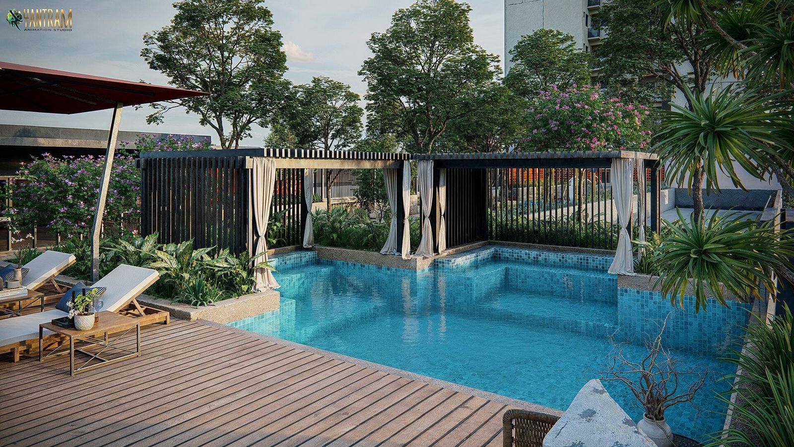 Luxury residential swimming pool rendering with wooden deck, cabana pergola, lush landscaping, and modern apartment backdrop – photorealistic exterior visualization by Yantram Studio.