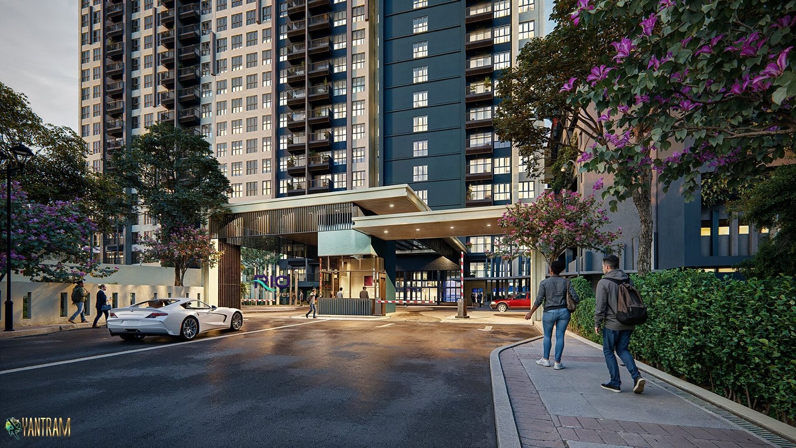 Luxury residential tower entrance rendering with illuminated drop-off zone, landscaped walkway, pedestrians, and modern façade – exterior visualization by Yantram Studio– 3D exterior rendering by Yantram Studio