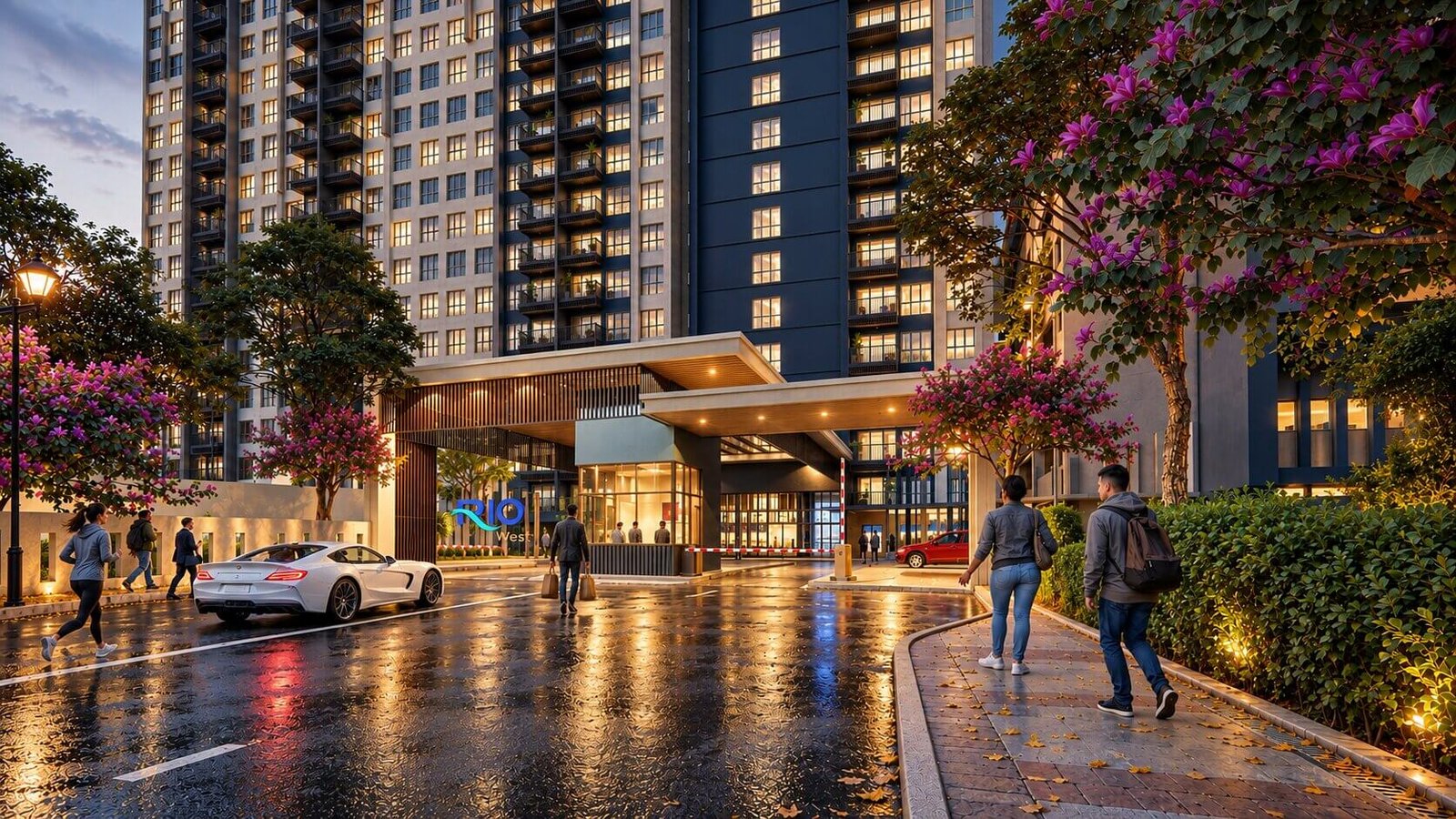 3D exterior render of covered vehicle drop-off zone at residential apartment entrance — Rendering Walkthrough Company In Navi Mumbai