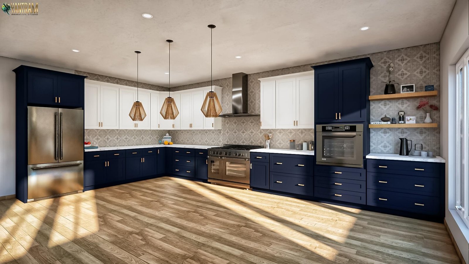 Photorealistic modern kitchen interior with navy blue lower cabinets, white upper cabinets, stainless steel appliances, wood flooring, pendant lights, and a spacious open-plan layout.