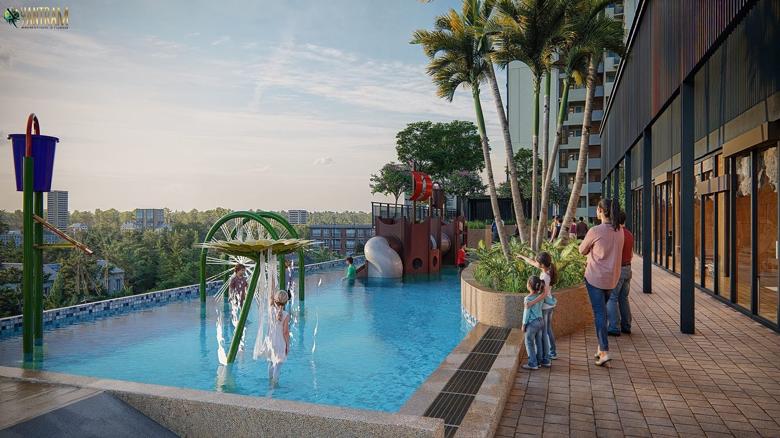 Modern residential swimming pool with children’s play zone, water slides, splash features, palm trees, and landscaped deck area. – 3D architectural visualization by Yantram Studio