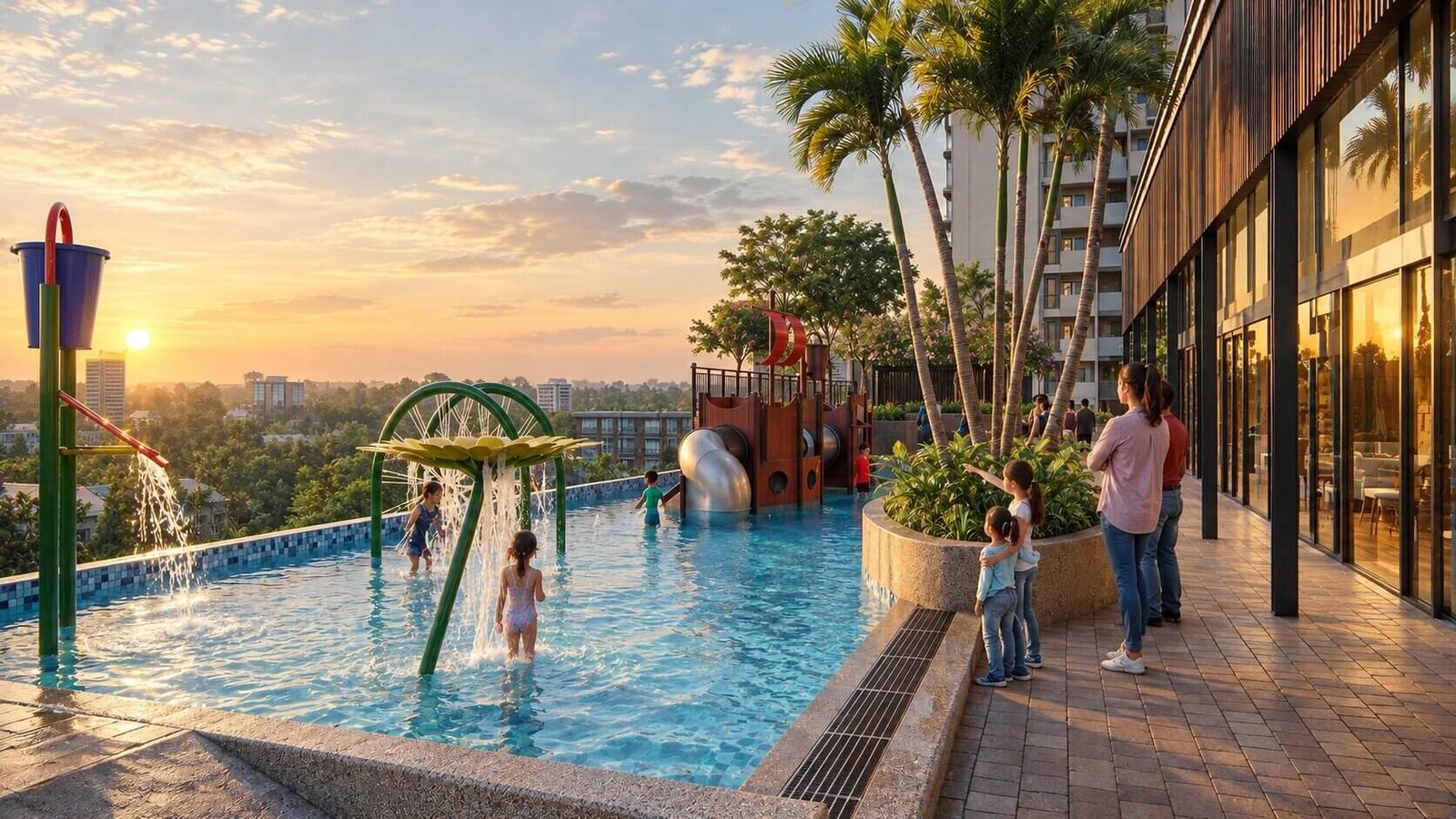 Terrace water play park with splash features and children playing near apartment complex — 3D Architectural Rendering Studio