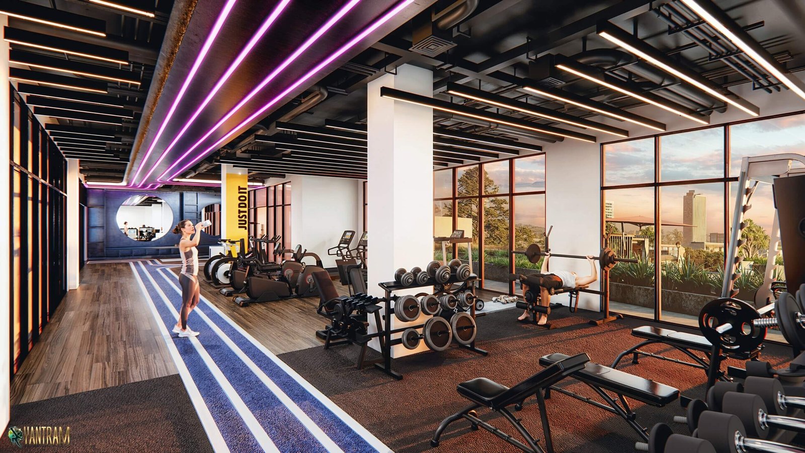 Modern gym interior rendering with weight training equipment, rubber flooring, LED ceiling lighting, and large glass windows – commercial fitness center visualization by Yantram Studio. – 3D visualization by Yantram Studio