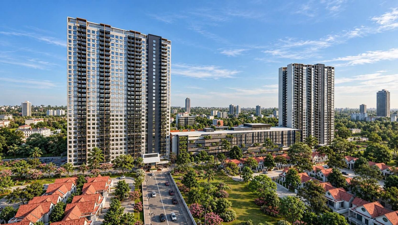 Daytime aerial view of high-rise apartment towers and central podium in Manchester United Kingdom