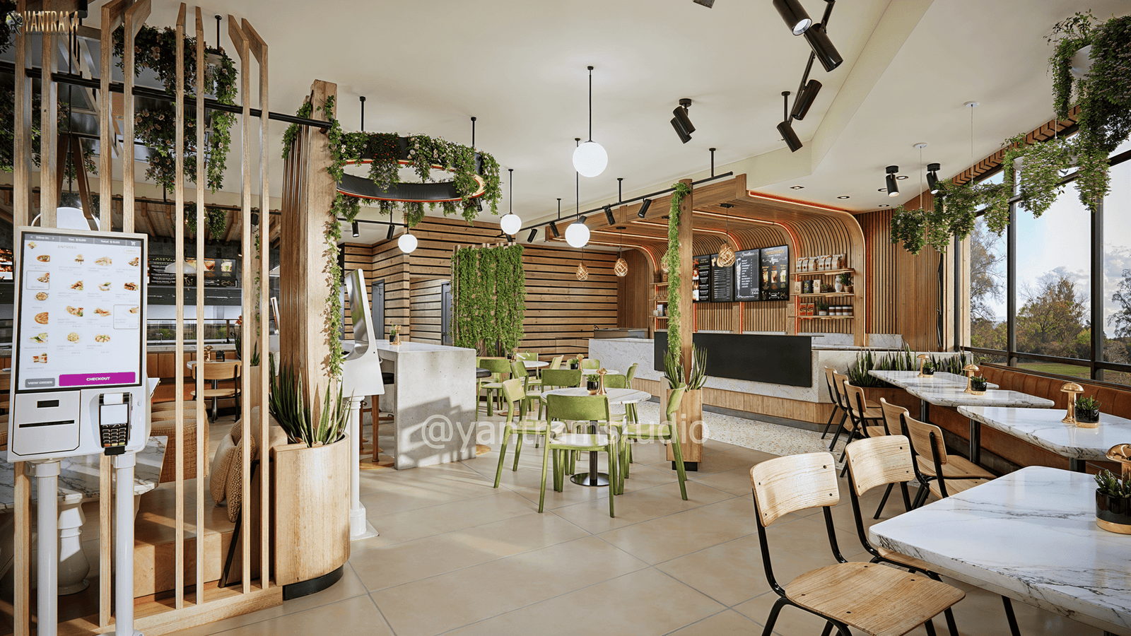 Modern restaurant interior 3D rendering with open seating layout, greenery accents, wooden textures, and bright natural lighting – 3D rendering by Yantram Studio