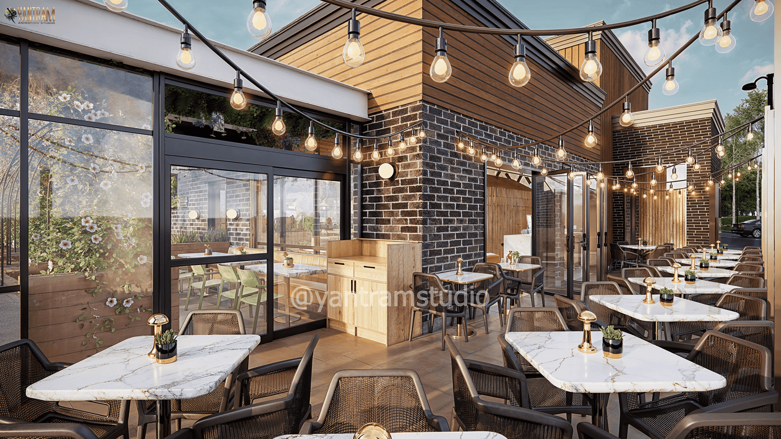 Modern outdoor café patio with marble-top tables, wicker chairs, string lights, brick wall accents, and glass sliding doors.
