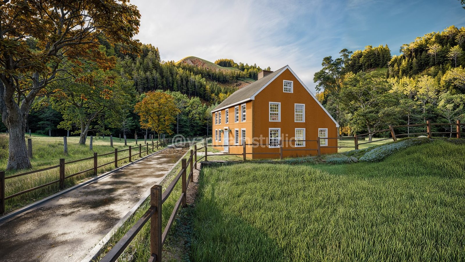 Modern farmhouse with warm wood façade, pitched roof, fenced driveway, and lush green landscape surrounded by rolling hills. – 3D visualization by Yantram Studio