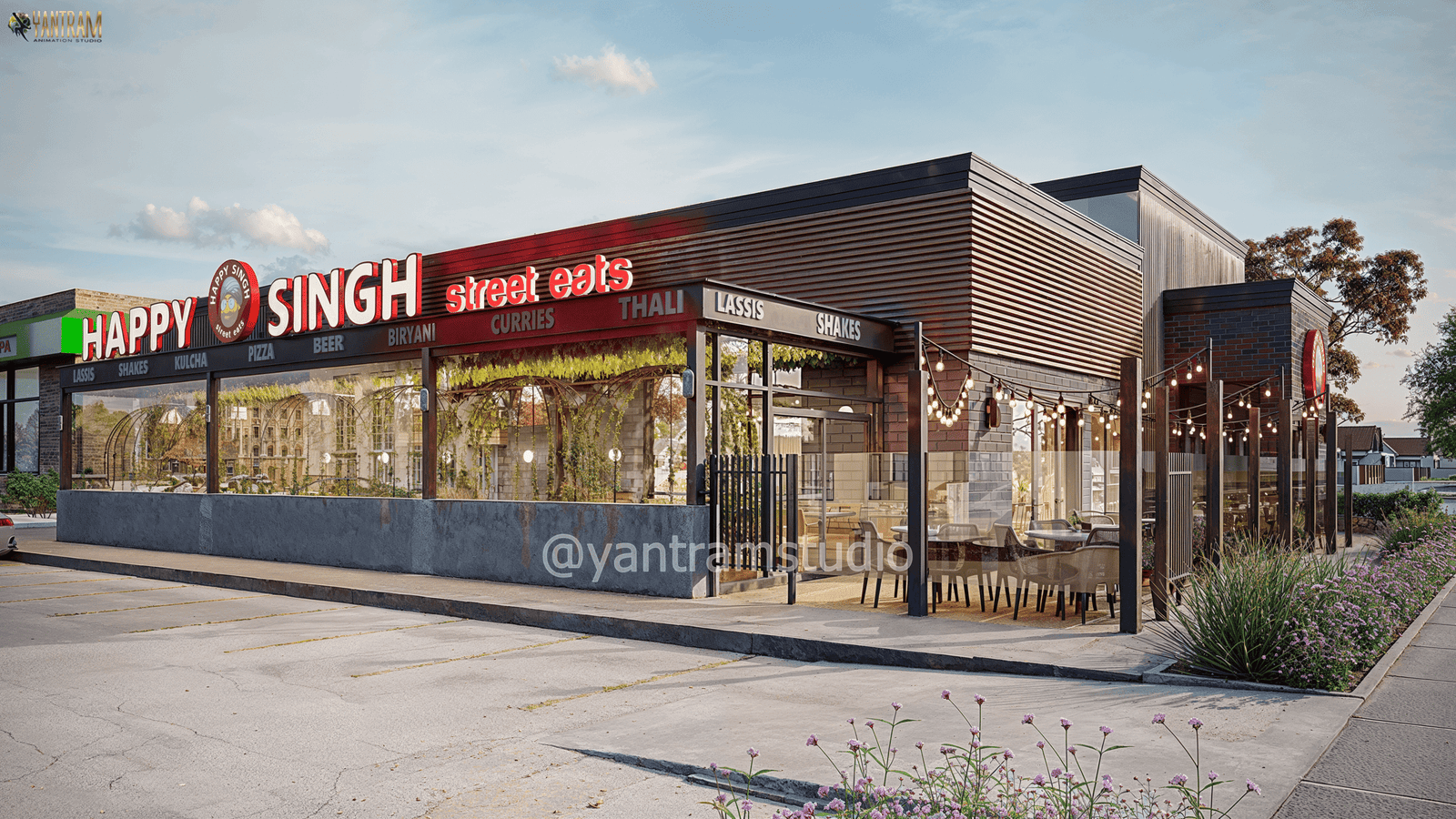 Modern retail building exterior 3D rendering with glass facade, signage, parking area, and landscaped surroundings – 3D architectural visualization by Yantram Studio