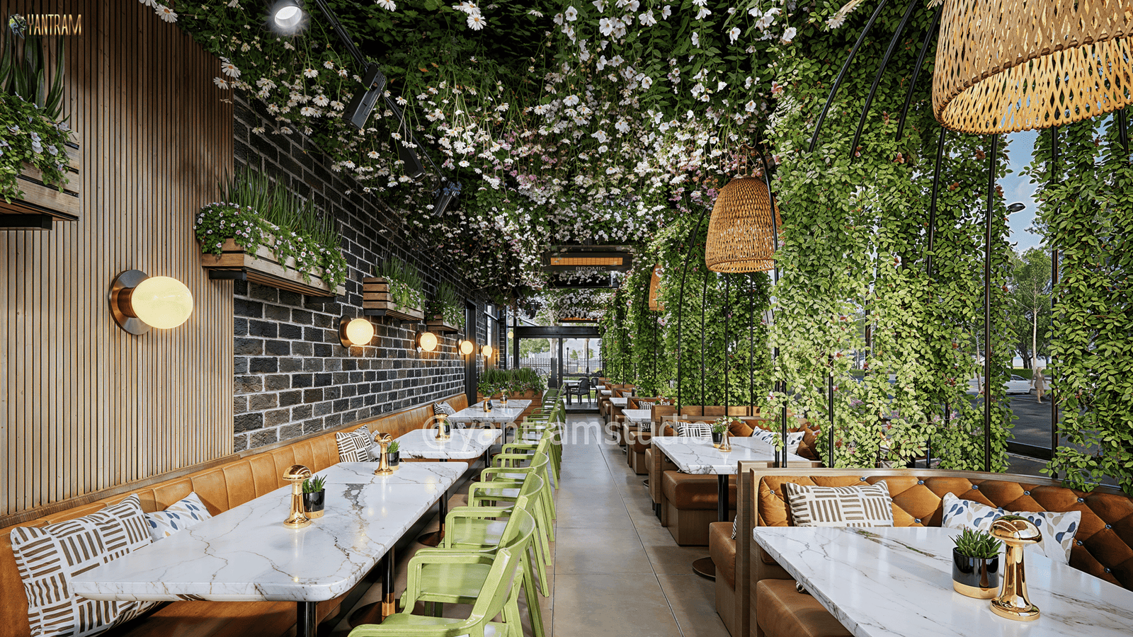 Elegant restaurant interior with ceiling-hung greenery, marble dining tables, leather seating, brick wall accents, and warm pendant lighting.