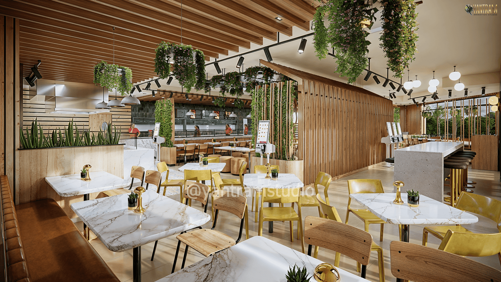 Luxury restaurant interior 3D rendering with wooden ceiling, warm lighting, greenery decor, and contemporary dining furniture – 3D visualization  by Yantram Studio