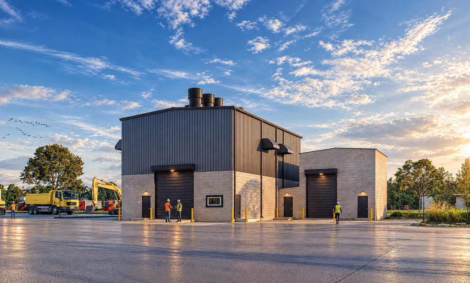 Contemporary industrial warehouse building with metal cladding, large roller shutter door, rooftop ventilation unit, and open paved service yard. – 3D architectural visualization by Yantram Studio