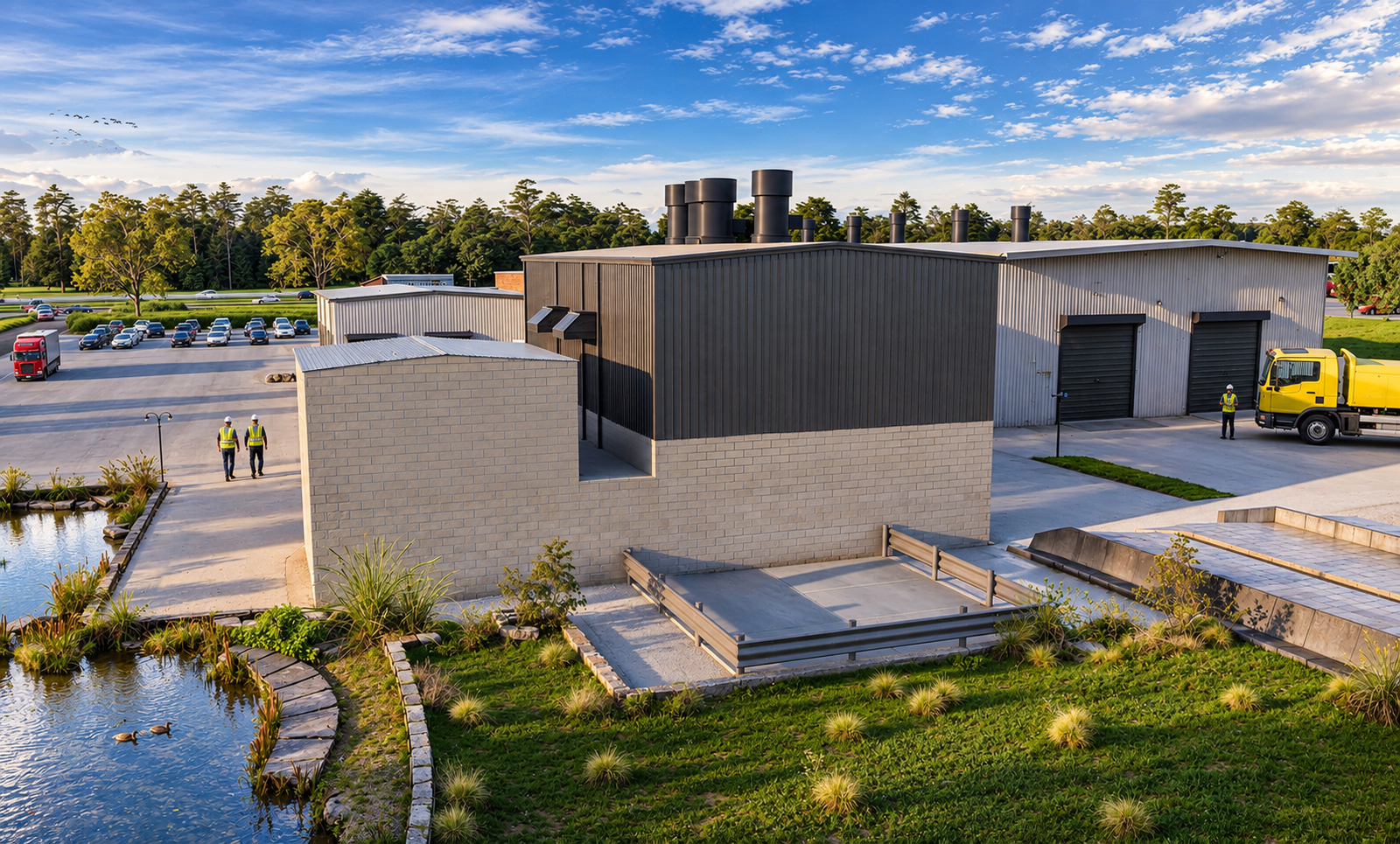 Industrial warehouse facility with loading docks, parking area, delivery truck, and landscaped surroundings in photorealistic 3D architectural rendering.