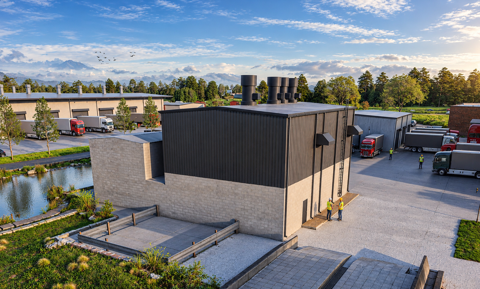 Modern industrial warehouse facility with loading trucks, logistics yard, and surrounding landscape in photorealistic 3D architectural rendering.– 3D architectural visualization by Yantram Studio