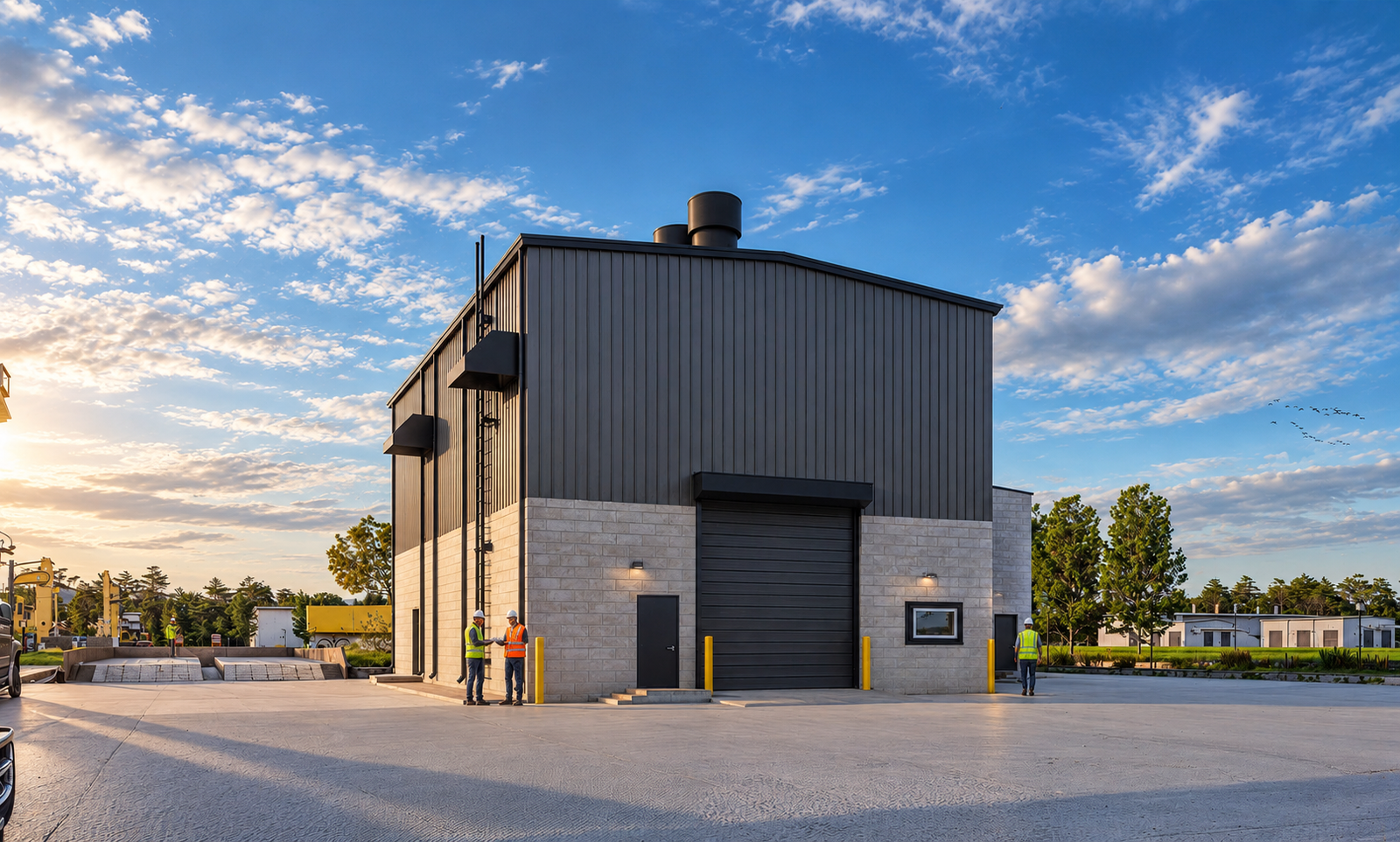 Modern industrial warehouse building with metal façade, loading dock doors, and open logistics yard in 3D architectural rendering. – 3D rendering by Yantram Studio