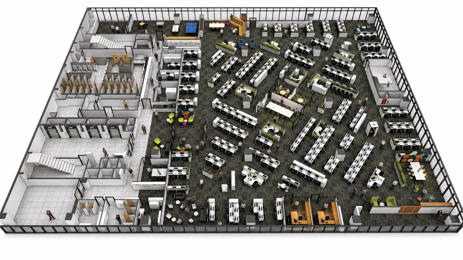Isometric 3D floor plan showing mixed-use space with office zones, food court area, furnishings, and social gathering zones