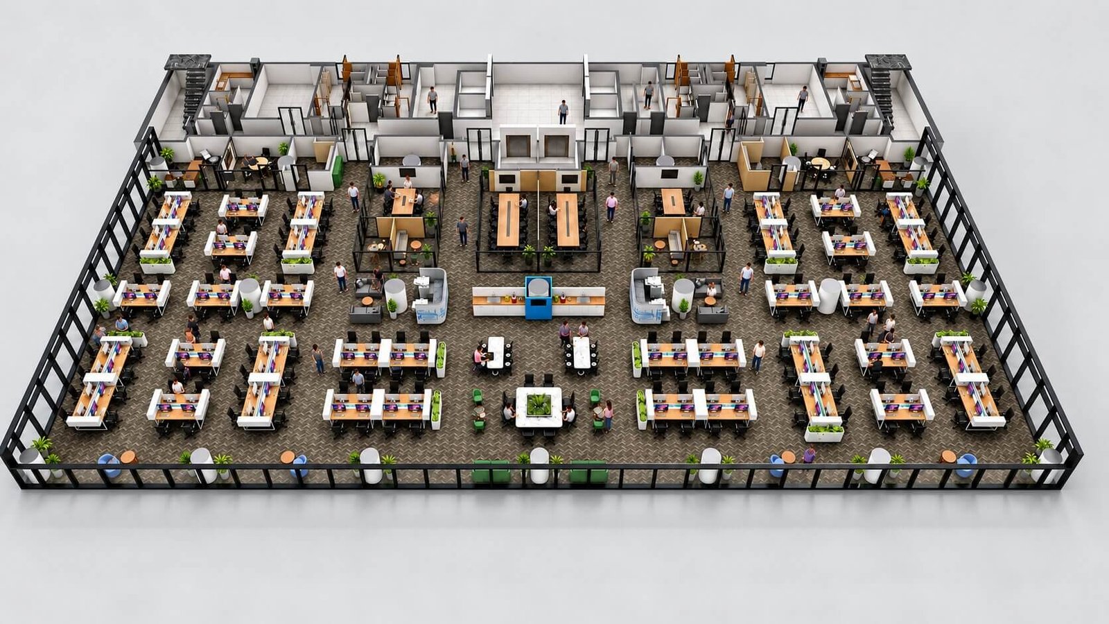 Isometric 3D floor plan rendering showing open-plan office space with furnished workstations, central circulation, and perimeter zones