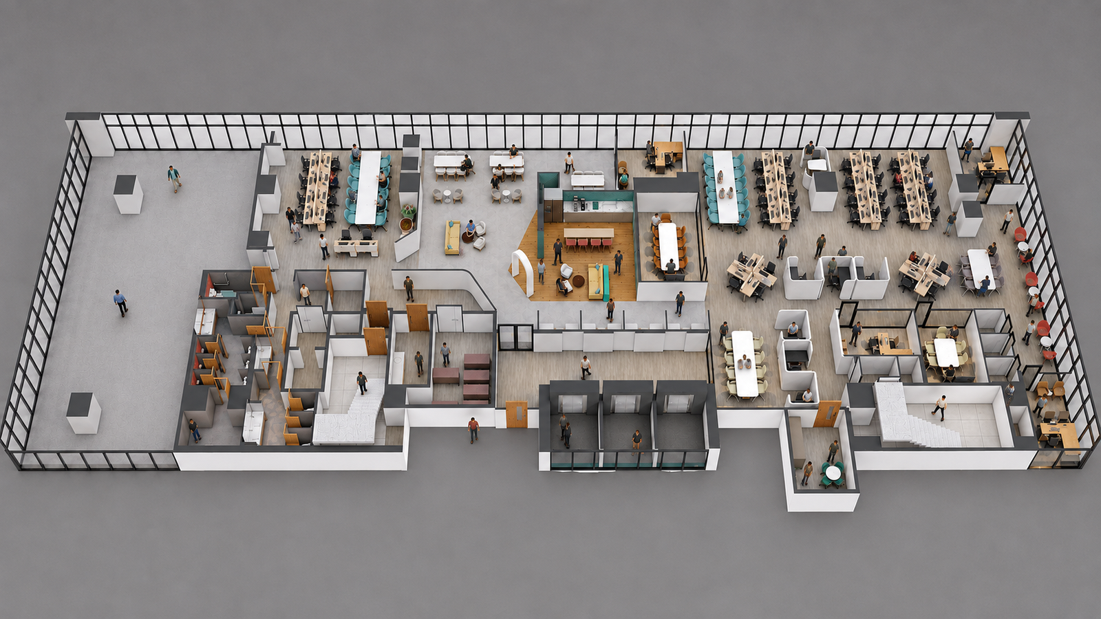 Top-view 3D office floor plan featuring reception area, workstations, meeting rooms, executive cabins, breakout spaces, and organized circulation layout, 3D rendering by Yantram Studio.