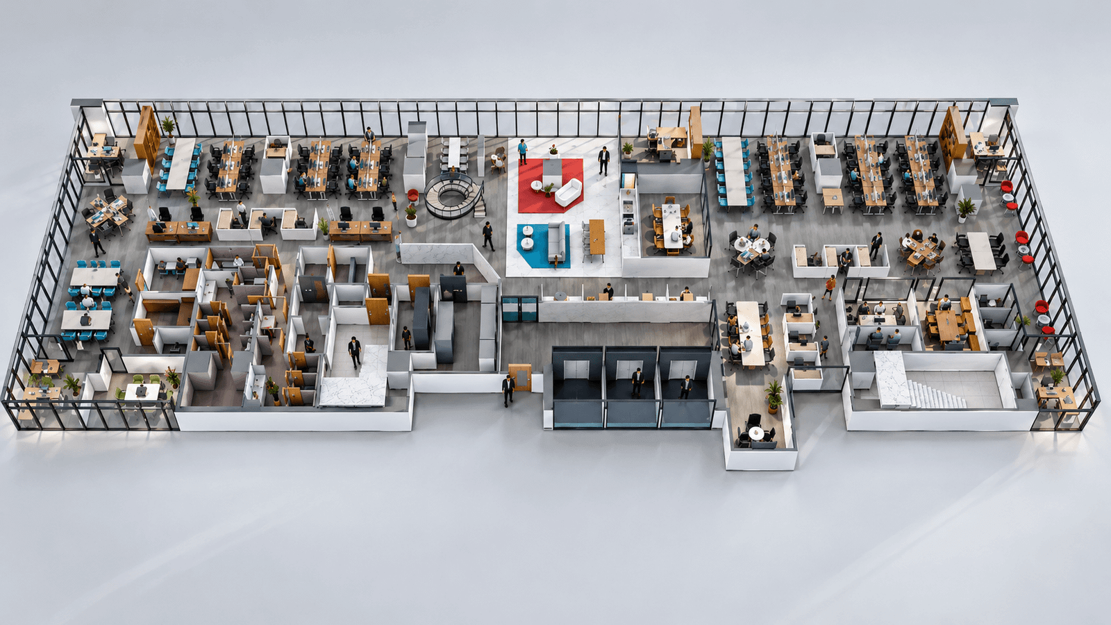 3D floor plan view of large commercial office with furnished meeting areas, break rooms, kitchen facilities, and circulation corridors