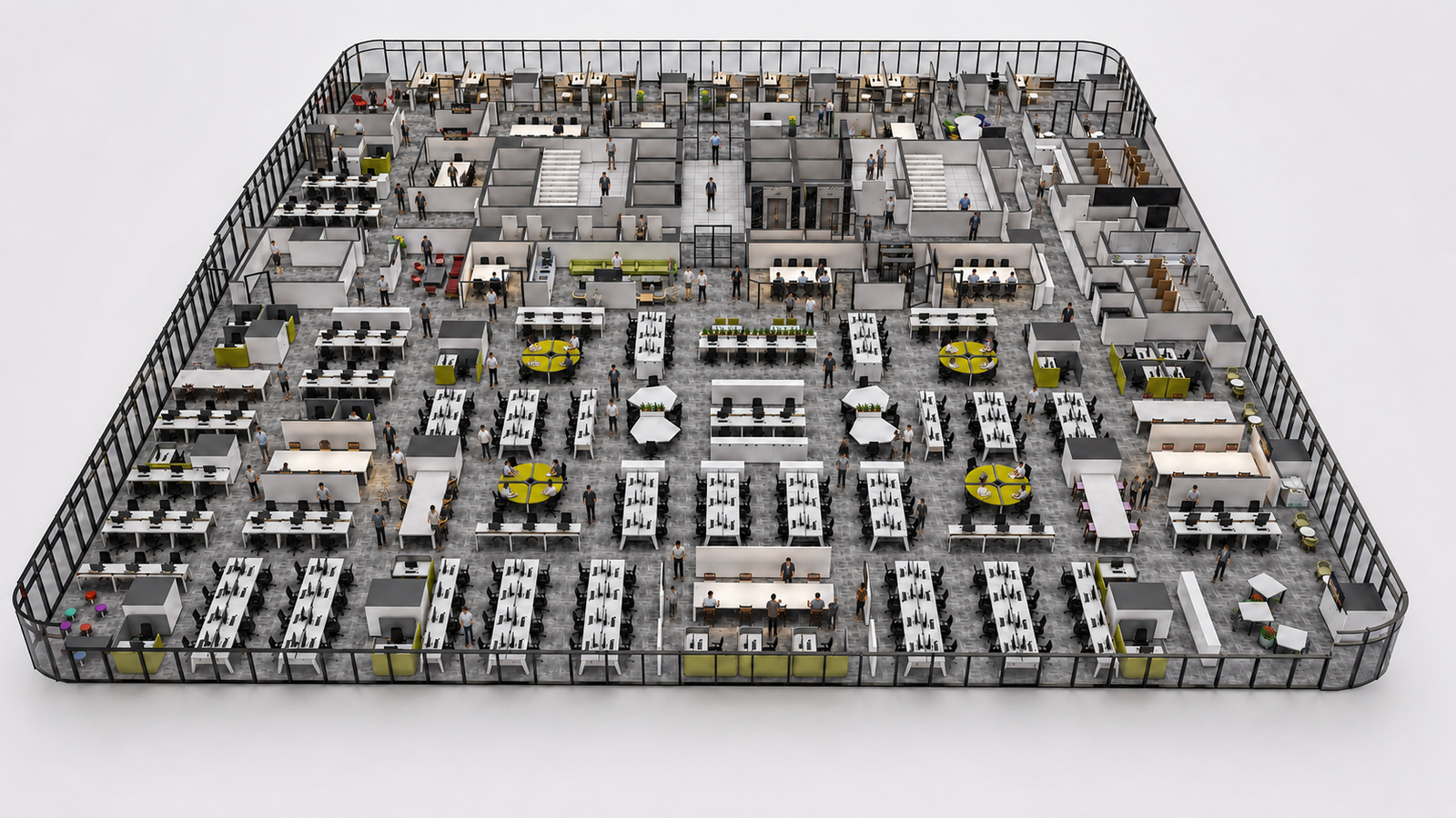 Top-view 3D corporate office floor plan featuring extensive open workstations, meeting rooms, collaborative zones, breakout areas, and organized circulation pathways, 3D architectural visualization by Yantram Studio.