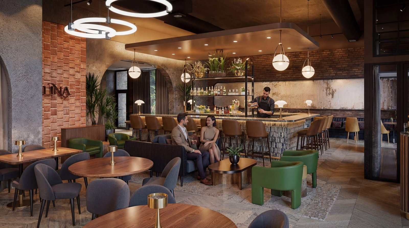 Modern luxury restaurant interior 3D rendering with central bar counter, leather bar stools, warm pendant lighting, brick accent wall, and contemporary lounge seating.