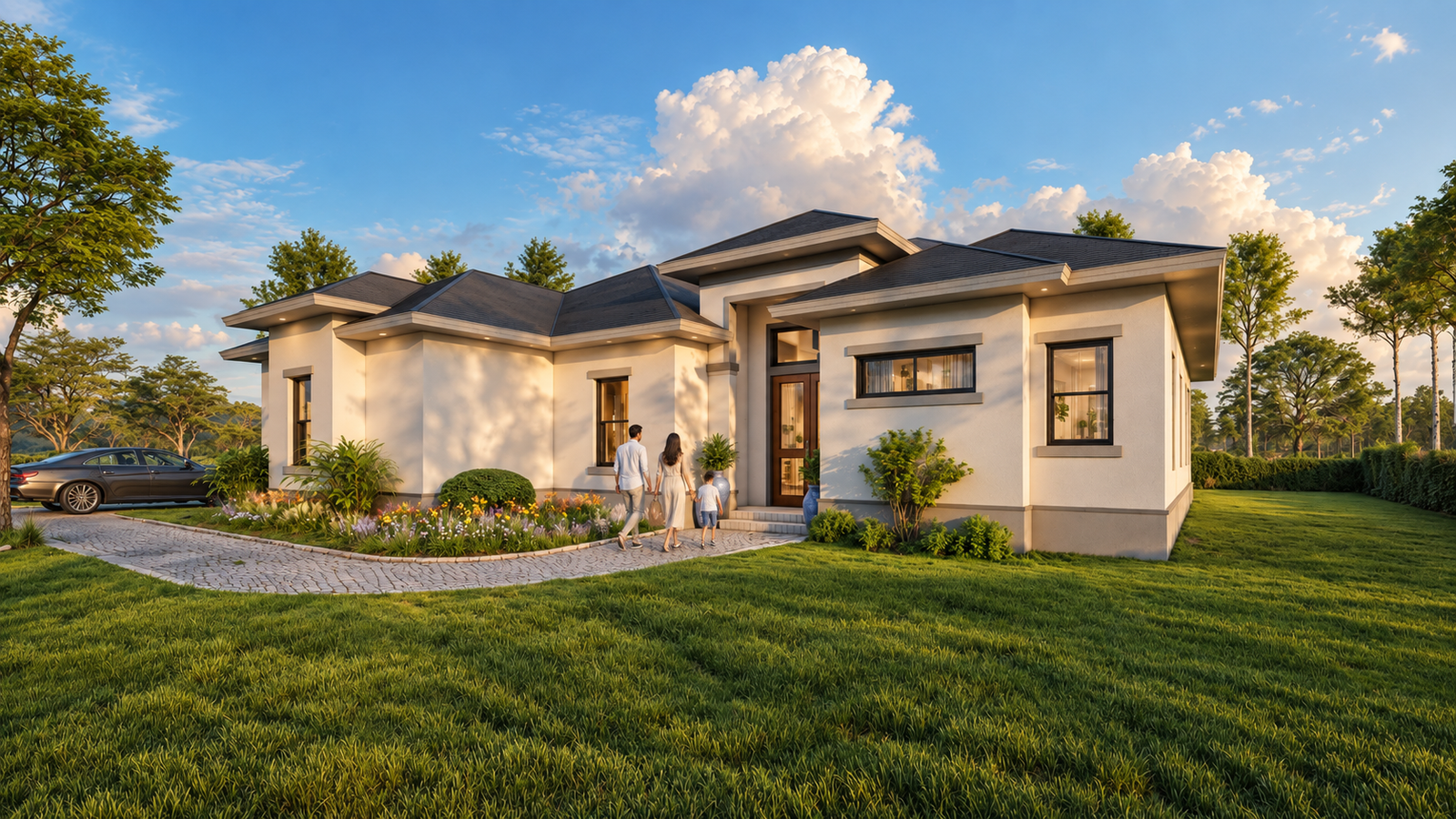 Modern single-story house with light exterior walls, dark roof, covered entry porch, wide green lawn, and landscaped front yard under a blue sky.