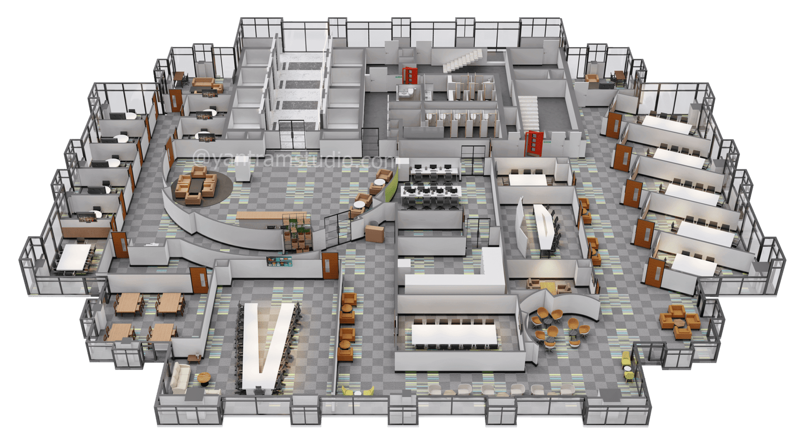3D top-view commercial office floor plan with reception area, workstations, meeting rooms, breakout zones, cafeteria, and organized workspace layout.