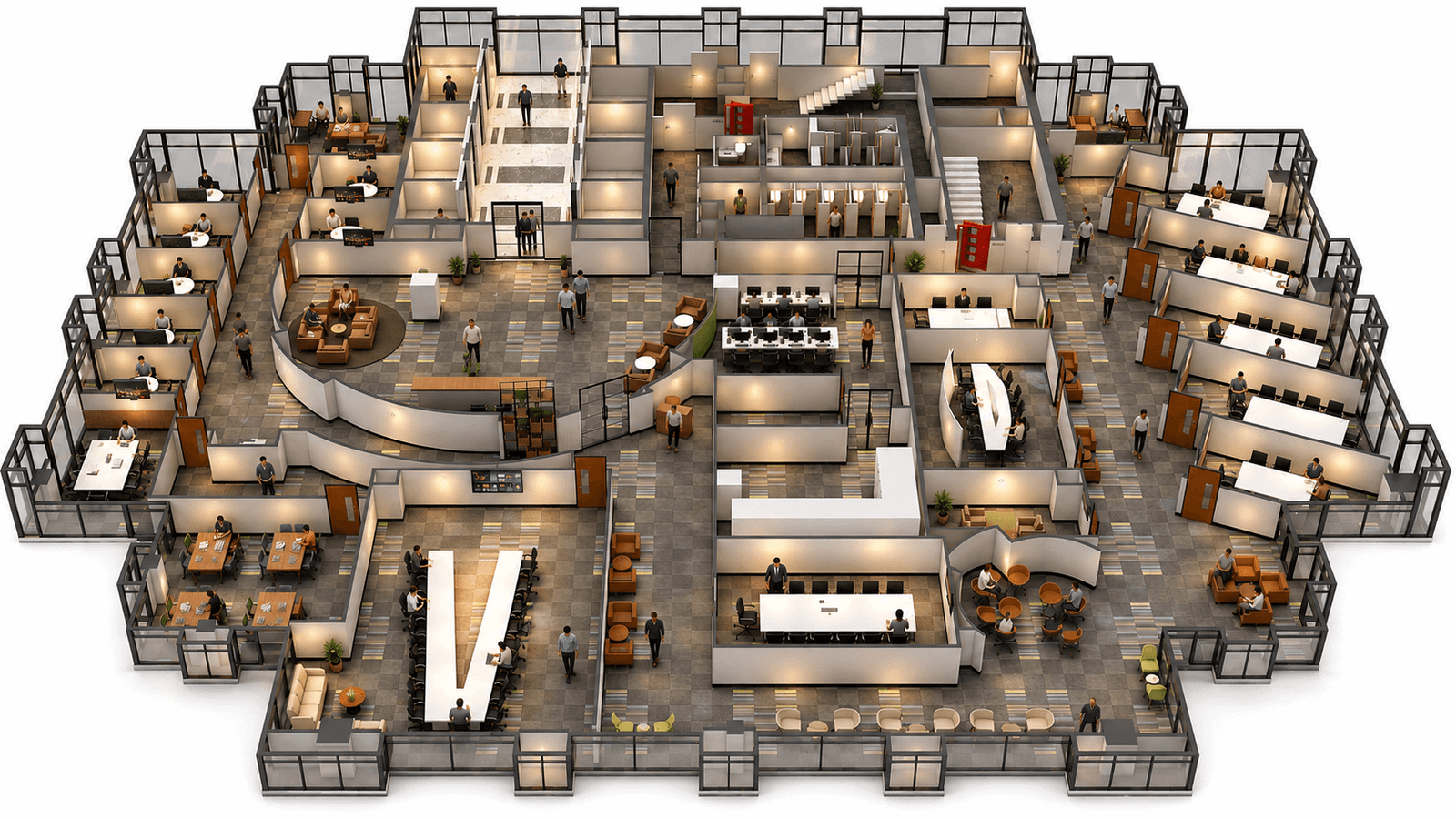 3D top-view commercial office floor plan with reception area, workstations, meeting rooms, breakout zones, cafeteria, and organized workspace layout.