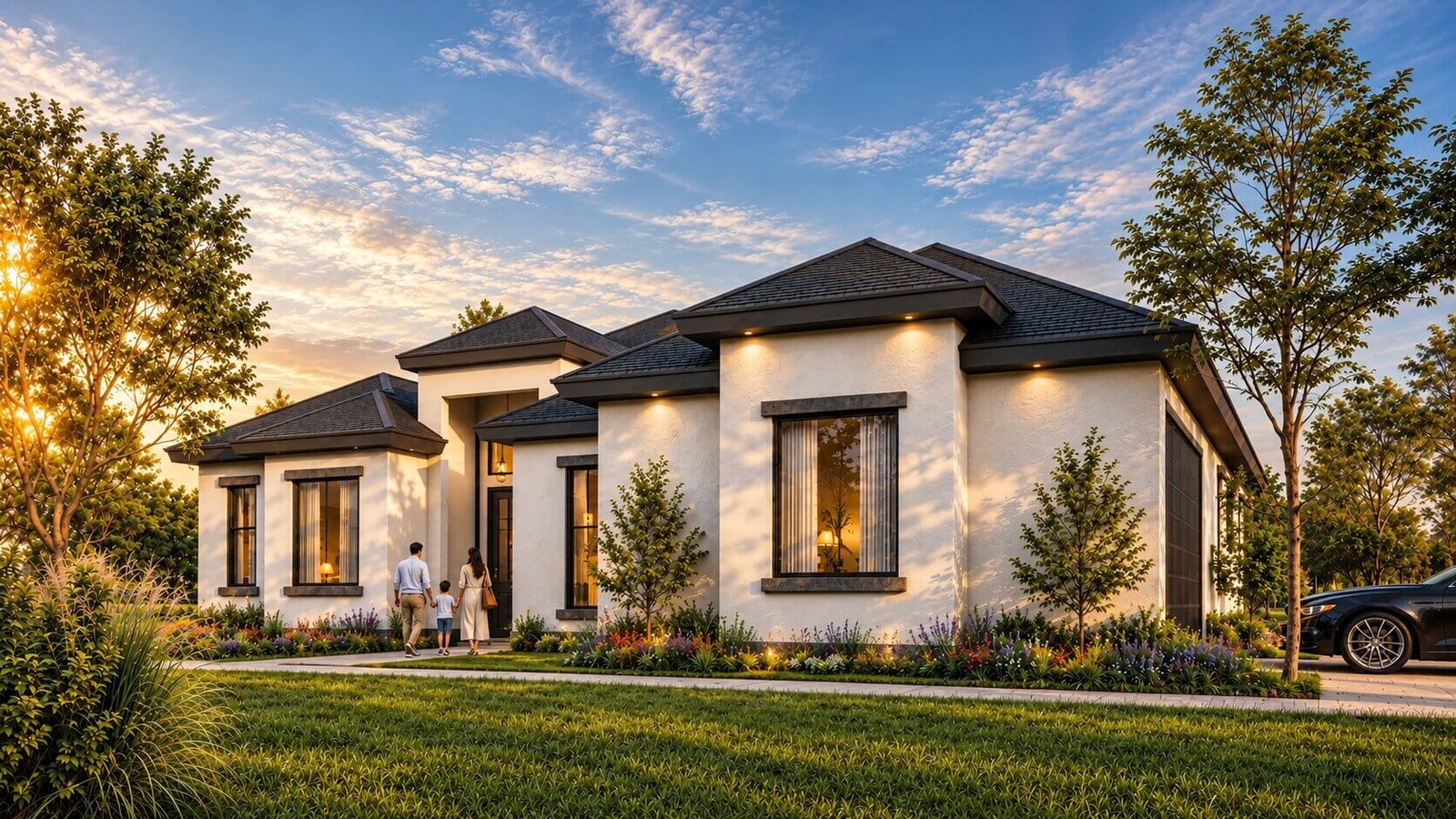 Modern single-story bungalow with clean white exterior walls, dark hip roof, black-framed windows, landscaped garden, and driveway in a contemporary suburban setting.