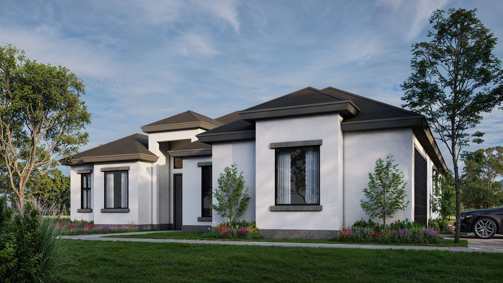 Contemporary single-story bungalow with hip roof design, white stucco exterior, black window frames, and landscaped front lawn.