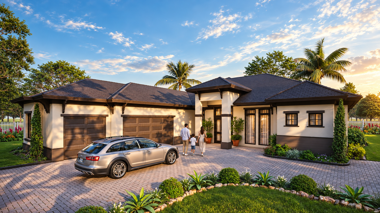Modern single-story luxury villa with tiled hip roof, landscaped courtyard driveway, parked car, and tropical palm surroundings.