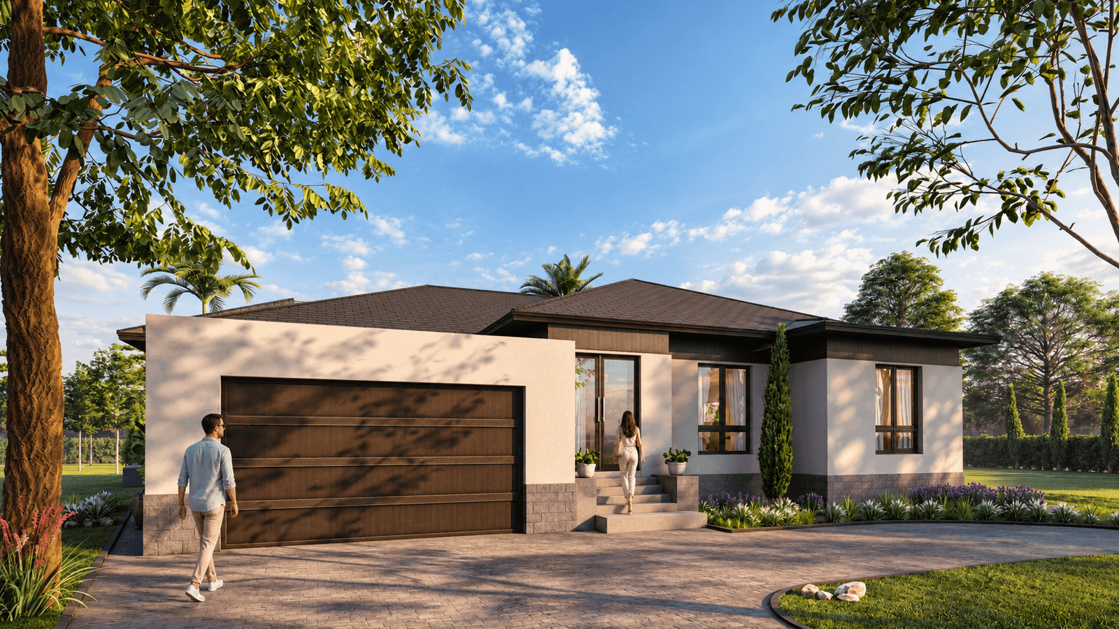 Modern villa backyard with green lawn, rooftop terrace, outdoor seating, and warm sunset lighting in 3D rendering – 3D visualization by Yantram Studio