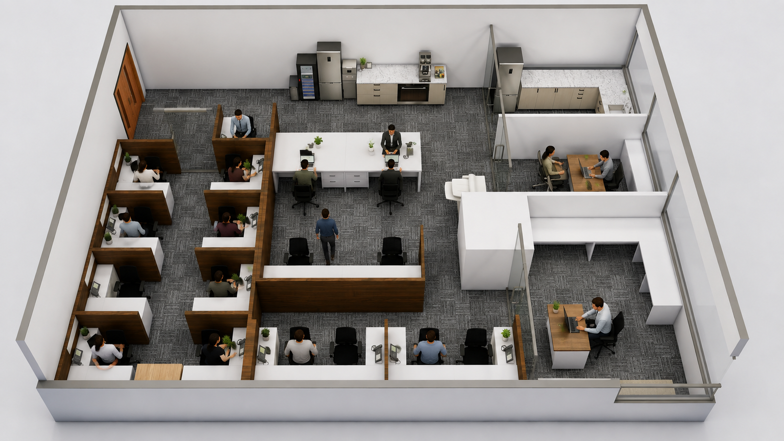 3D top-view office floor plan with individual work cubicles, central meeting table, manager cabin, storage area, and pantry layout, 3D architectural visualization by Yantram Studio.