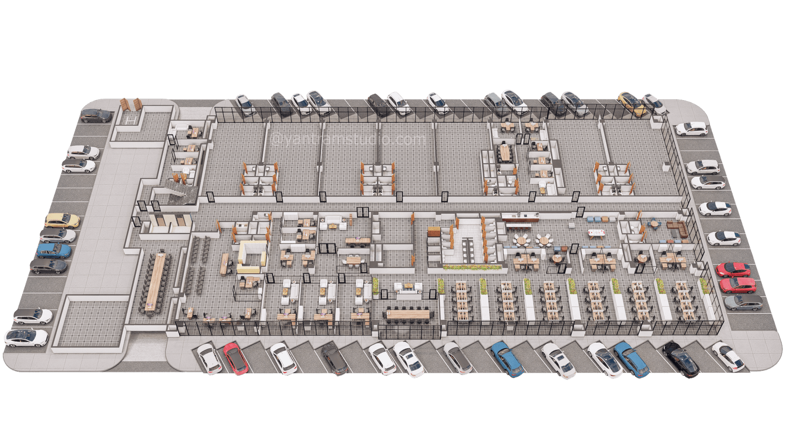 Overhead 3D floor plan rendering of parking structure level with parked vehicles, circulation aisles, and support columns clearly visible