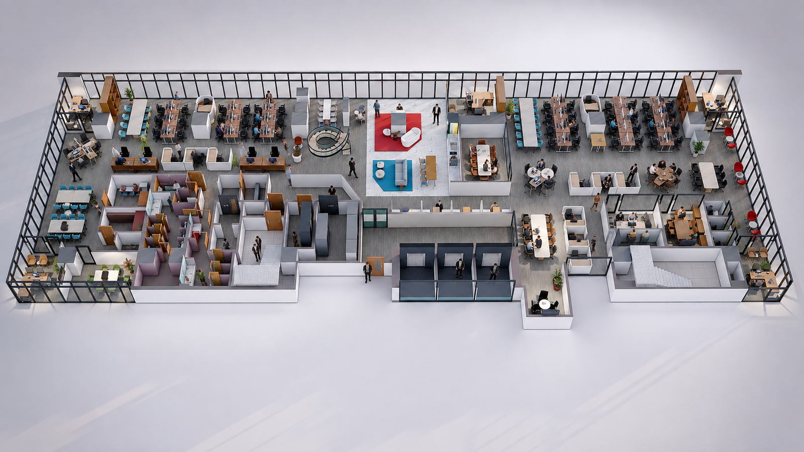 Top-view 3D office floor plan with open workstations, private cabins, conference rooms, reception area, and collaborative zones, 3D visualization by Yantram Studio.