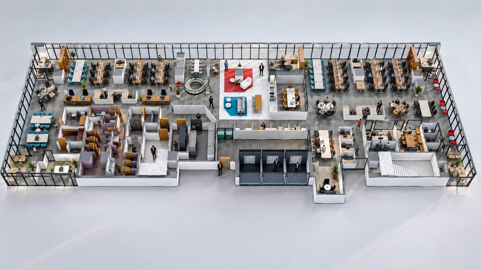 Detailed 3D floor plan rendering of large commercial space with furnished office areas, meeting zones, circulation, and full fixtures