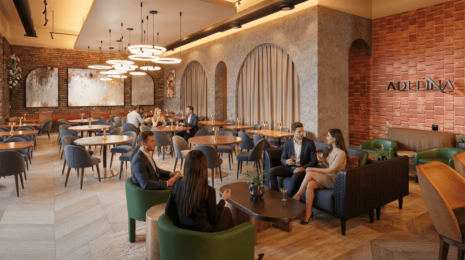 Luxury restaurant interior 3D rendering with textured brick wall, arched wall panels, modern pendant lighting, lounge seating, and contemporary dining tables.