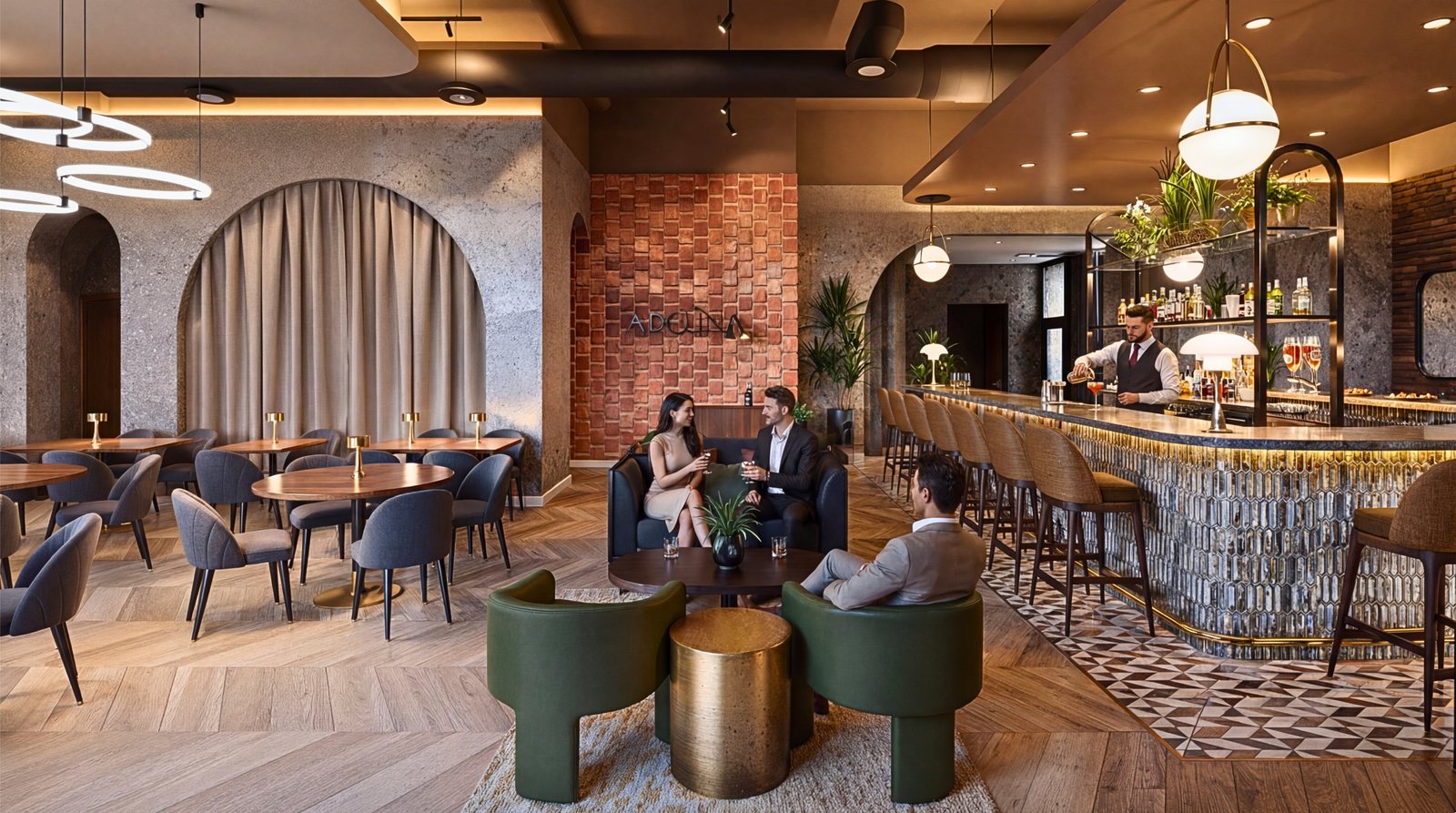 Modern luxury restaurant bar interior 3D rendering with marble bar counter, leather stools, arched wall details, warm pendant lighting, and contemporary lounge seating.