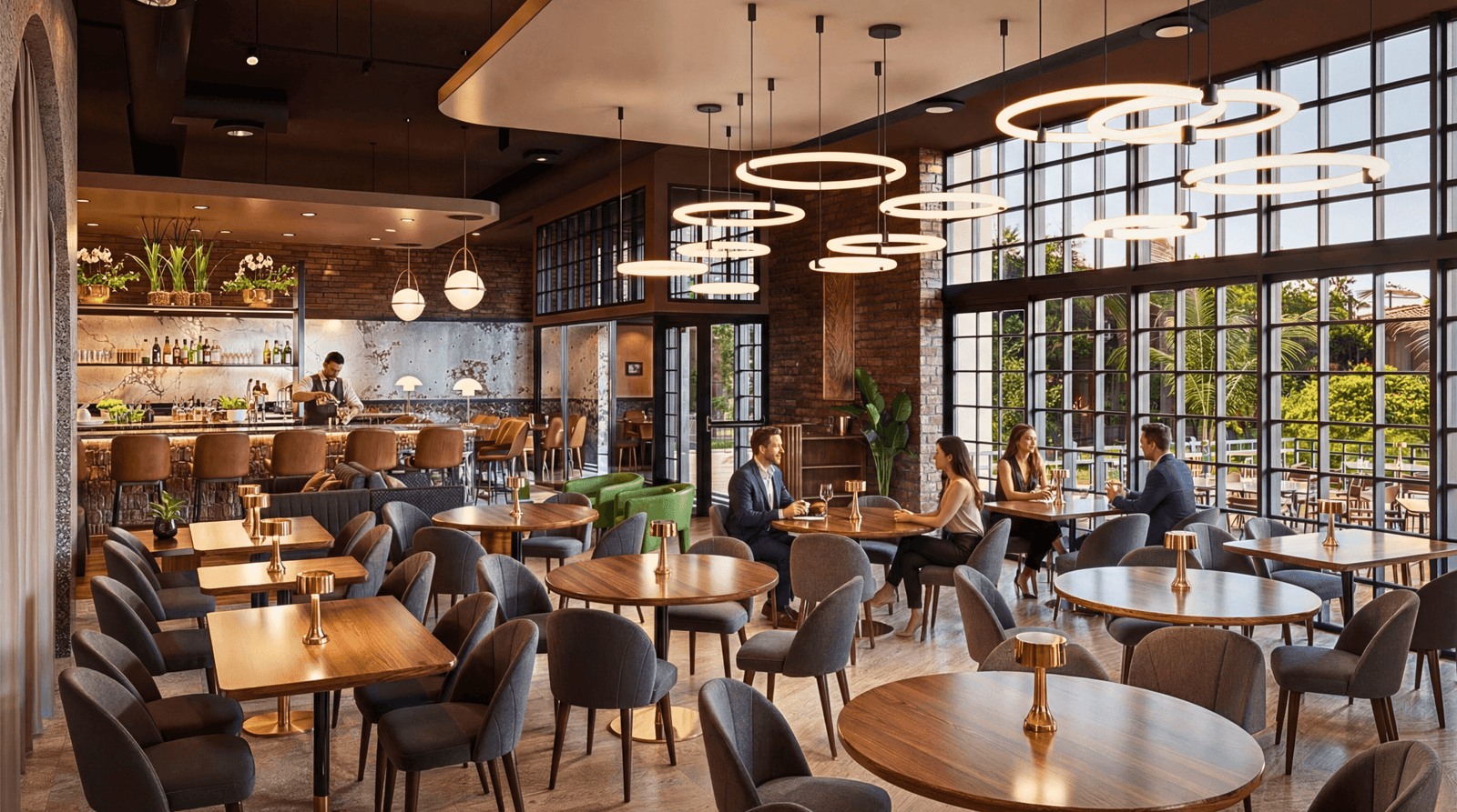Modern upscale restaurant interior 3D rendering with large grid windows, circular LED pendant lights, wooden tables, upholstered chairs, brick walls, and central bar area.