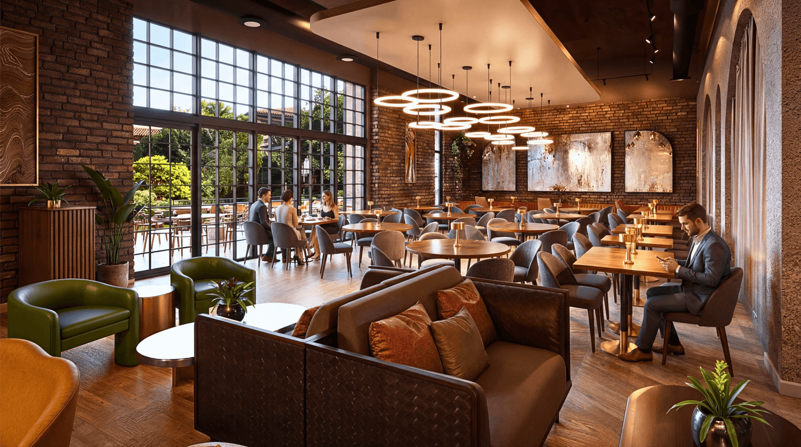 Modern restaurant dining interior 3D rendering with large industrial-style windows, brick walls, circular pendant lighting, comfortable seating, and warm natural light.